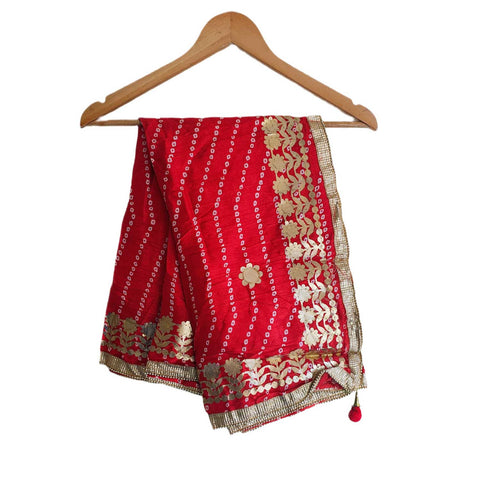 Bandhani Print Dupatta with Golden Floral Lace Border, Lightweight Ethnic Silk for Women Red