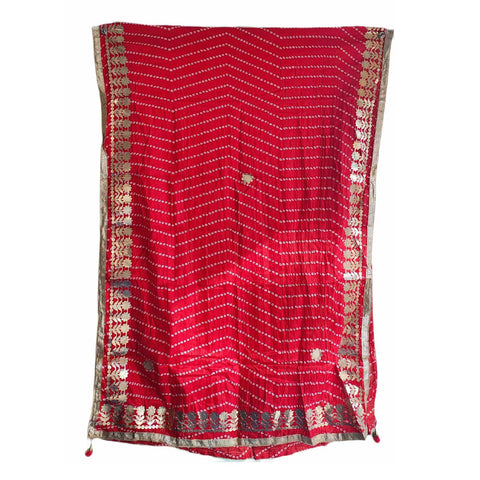 Bandhani Print Dupatta with Golden Floral Lace Border, Lightweight Ethnic Silk for Women Red
