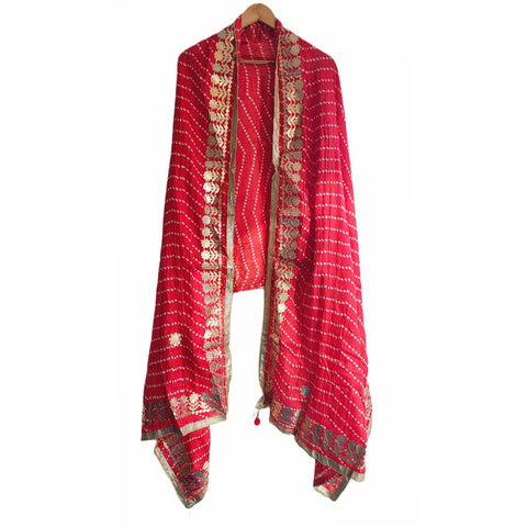 Bandhani Print Dupatta with Golden Floral Lace Border, Lightweight Ethnic Silk for Women Red