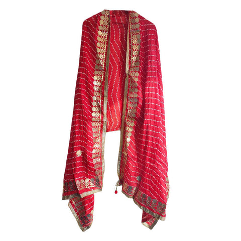 Bandhani Print Dupatta with Golden Floral Lace Border, Lightweight Ethnic Silk for Women Red