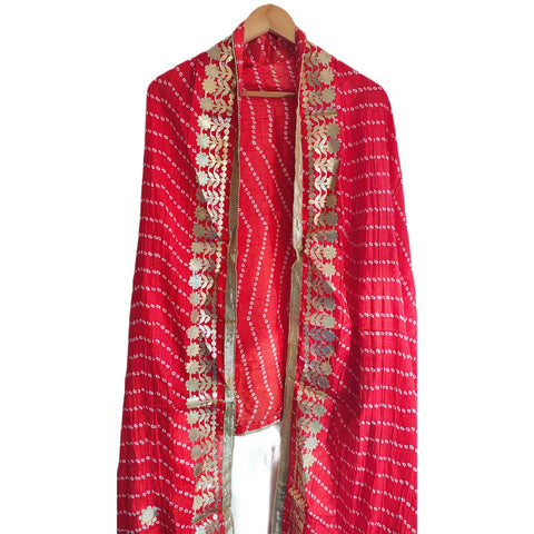 Bandhani Print Dupatta with Golden Floral Lace Border, Lightweight Ethnic Silk for Women Red