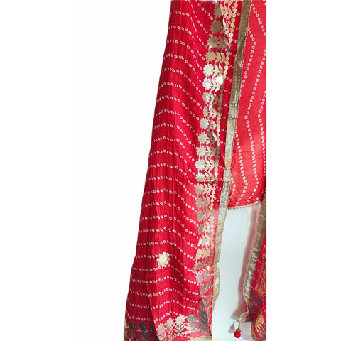Bandhani Print Dupatta with Golden Floral Lace Border, Lightweight Ethnic Silk for Women Red