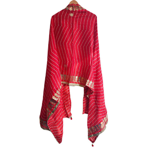 Bandhani Print Dupatta with Golden Floral Lace Border, Lightweight Ethnic Silk for Women Red