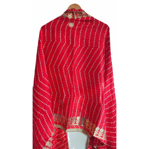 Bandhani Print Dupatta with Golden Floral Lace Border, Lightweight Ethnic Silk for Women Red