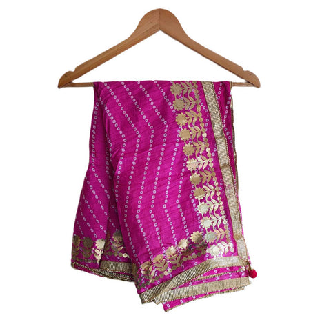 Bandhani Print Dupatta with Golden Floral Lace Border, Lightweight Ethnic Silk for Women Pink
