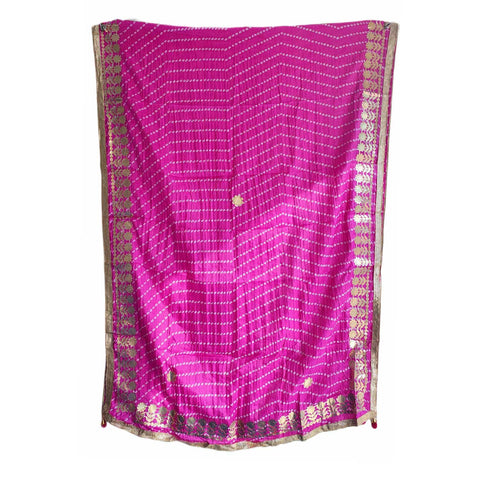 Bandhani Print Dupatta with Golden Floral Lace Border, Lightweight Ethnic Silk for Women Pink