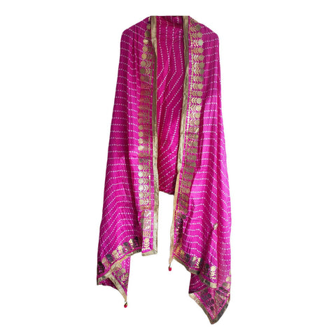 Bandhani Print Dupatta with Golden Floral Lace Border, Lightweight Ethnic Silk for Women Pink