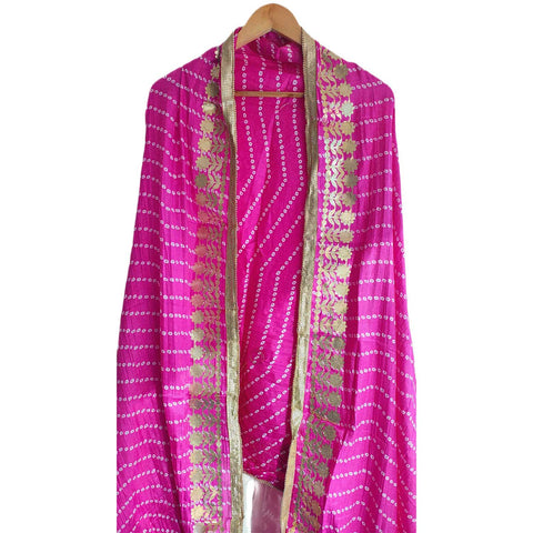 Bandhani Print Dupatta with Golden Floral Lace Border, Lightweight Ethnic Silk for Women Pink