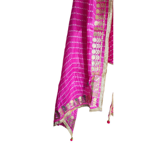 Bandhani Print Dupatta with Golden Floral Lace Border, Lightweight Ethnic Silk for Women Pink
