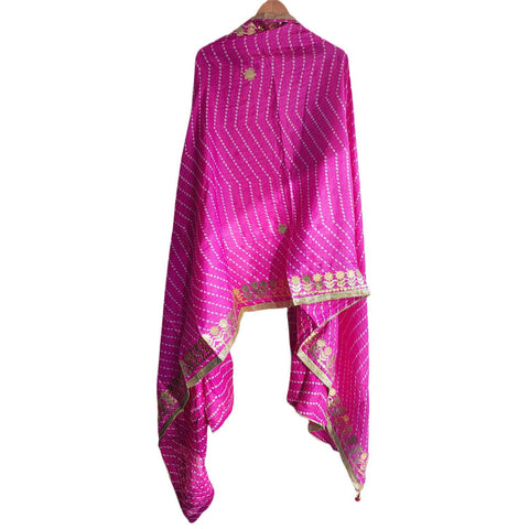 Bandhani Print Dupatta with Golden Floral Lace Border, Lightweight Ethnic Silk for Women Pink