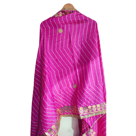 Bandhani Print Dupatta with Golden Floral Lace Border, Lightweight Ethnic Silk for Women Pink