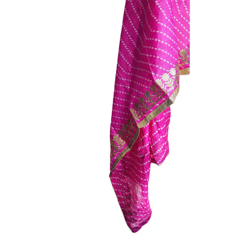 Bandhani Print Dupatta with Golden Floral Lace Border, Lightweight Ethnic Silk for Women Pink