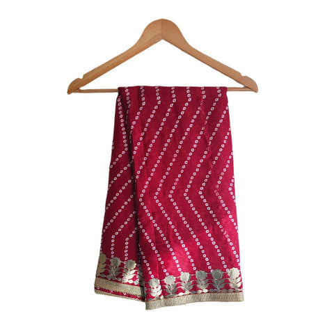 Bandhani Print Dupatta with Golden Floral Lace Border, Lightweight Ethnic Silk for Women Rani Red