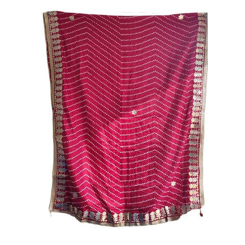 Bandhani Print Dupatta with Golden Floral Lace Border, Lightweight Ethnic Silk for Women Rani Red