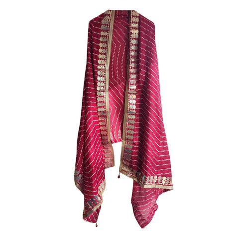 Bandhani Print Dupatta with Golden Floral Lace Border, Lightweight Ethnic Silk for Women Rani Red