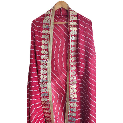 Bandhani Print Dupatta with Golden Floral Lace Border, Lightweight Ethnic Silk for Women Rani Red