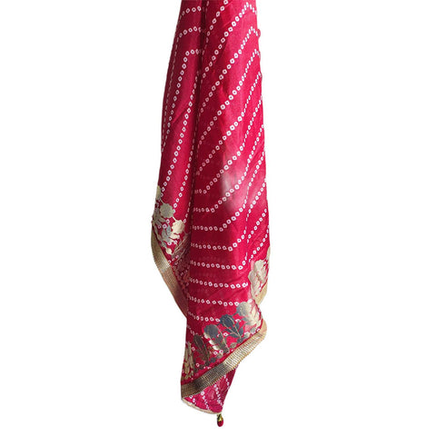 Bandhani Print Dupatta with Golden Floral Lace Border, Lightweight Ethnic Silk for Women Rani Red
