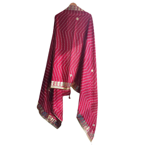 Bandhani Print Dupatta with Golden Floral Lace Border, Lightweight Ethnic Silk for Women Rani Red