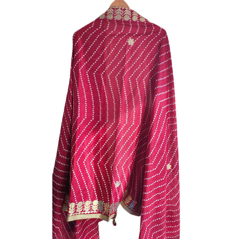 Bandhani Print Dupatta with Golden Floral Lace Border, Lightweight Ethnic Silk for Women Rani Red
