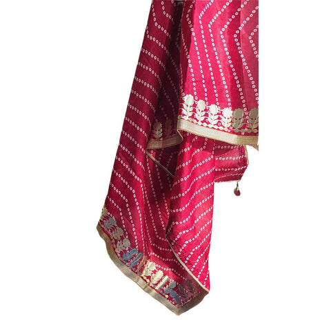 Bandhani Print Dupatta with Golden Floral Lace Border, Lightweight Ethnic Silk for Women Rani Red