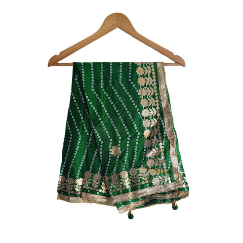 Bandhani Print Dupatta with Golden Floral Lace Border, Lightweight Ethnic Silk for Women Green