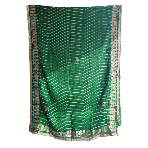 Bandhani Print Dupatta with Golden Floral Lace Border, Lightweight Ethnic Silk for Women Green