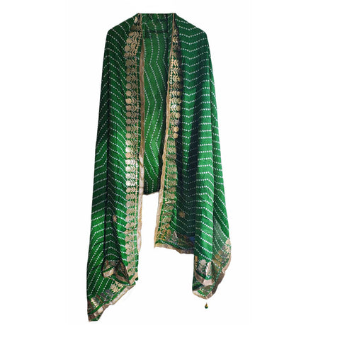 Bandhani Print Dupatta with Golden Floral Lace Border, Lightweight Ethnic Silk for Women Green