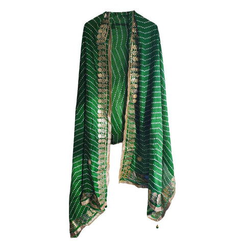 Bandhani Print Dupatta with Golden Floral Lace Border, Lightweight Ethnic Silk for Women Green
