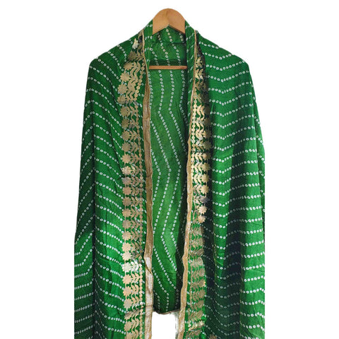 Bandhani Print Dupatta with Golden Floral Lace Border, Lightweight Ethnic Silk for Women Green