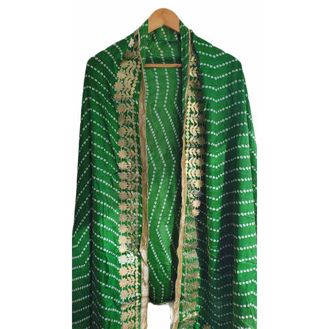 Bandhani Print Dupatta with Golden Floral Lace Border, Lightweight Ethnic Silk for Women Green