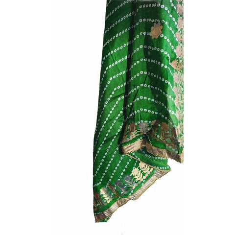 Bandhani Print Dupatta with Golden Floral Lace Border, Lightweight Ethnic Silk for Women Green