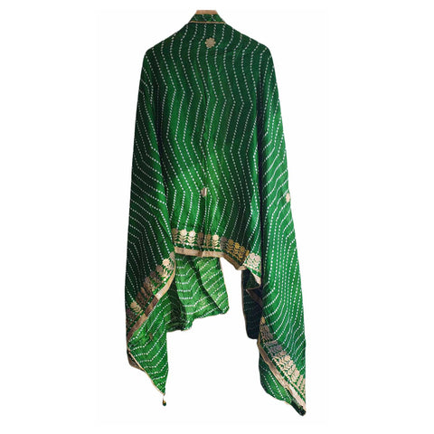 Bandhani Print Dupatta with Golden Floral Lace Border, Lightweight Ethnic Silk for Women Green