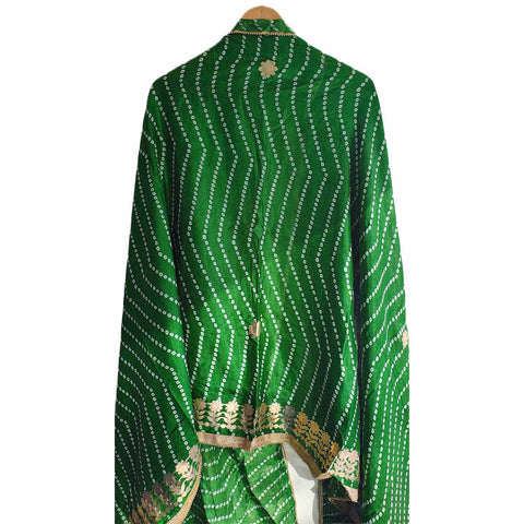 Bandhani Print Dupatta with Golden Floral Lace Border, Lightweight Ethnic Silk for Women Green