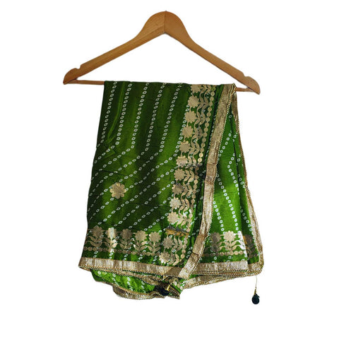Bandhani Print Dupatta with Golden Floral Lace Border, Lightweight Ethnic Silk for Women Light Green