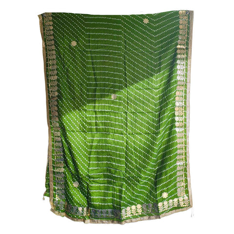 Bandhani Print Dupatta with Golden Floral Lace Border, Lightweight Ethnic Silk for Women Light Green