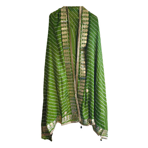 Bandhani Print Dupatta with Golden Floral Lace Border, Lightweight Ethnic Silk for Women Light Green