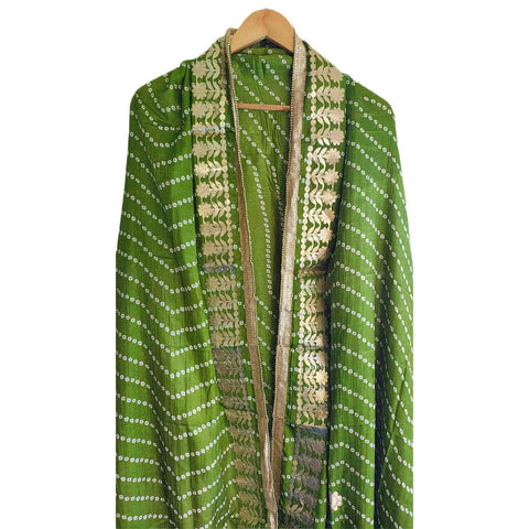 Bandhani Print Dupatta with Golden Floral Lace Border, Lightweight Ethnic Silk for Women Light Green