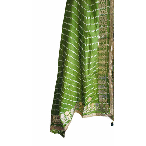 Bandhani Print Dupatta with Golden Floral Lace Border, Lightweight Ethnic Silk for Women Light Green