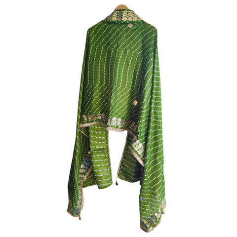 Bandhani Print Dupatta with Golden Floral Lace Border, Lightweight Ethnic Silk for Women Light Green