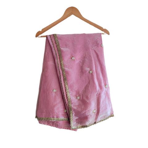Fendi Fabric Dupatta with Bead Floral Work, Gota Lace Border Pink