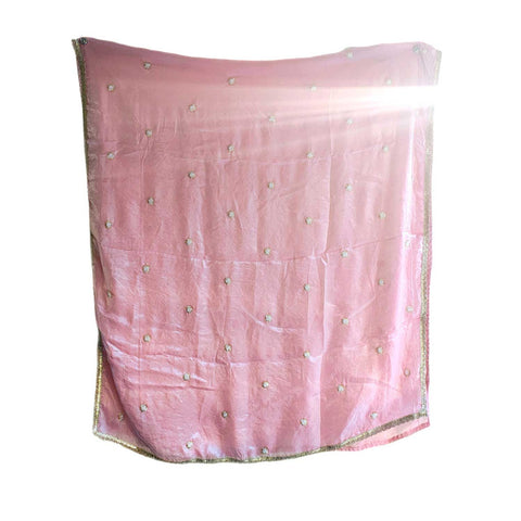 Fendi Fabric Dupatta with Bead Floral Work, Gota Lace Border Pink
