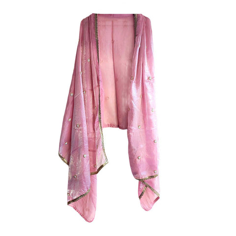 Fendi Fabric Dupatta with Bead Floral Work, Gota Lace Border Pink