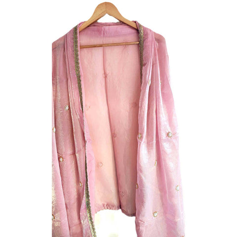 Fendi Fabric Dupatta with Bead Floral Work, Gota Lace Border Pink