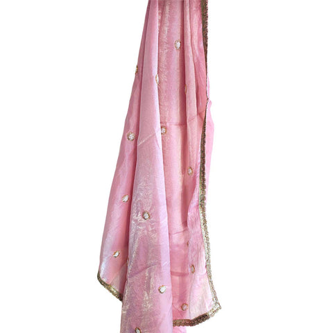 Fendi Fabric Dupatta with Bead Floral Work, Gota Lace Border Pink
