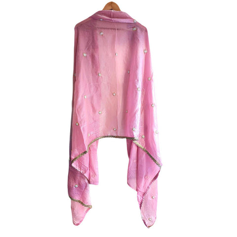 Fendi Fabric Dupatta with Bead Floral Work, Gota Lace Border Pink