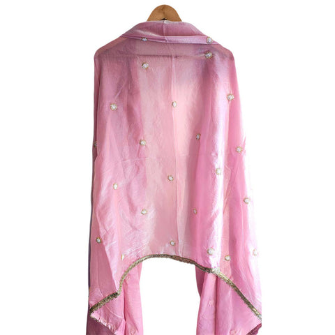 Fendi Fabric Dupatta with Bead Floral Work, Gota Lace Border Pink