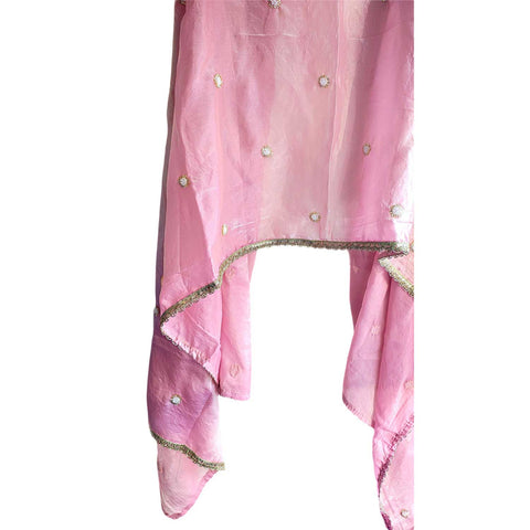 Fendi Fabric Dupatta with Bead Floral Work, Gota Lace Border Pink