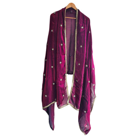 Fendi Fabric Dupatta with Bead Floral Work, Gota Lace Border Purple