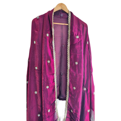 Fendi Fabric Dupatta with Bead Floral Work, Gota Lace Border Purple