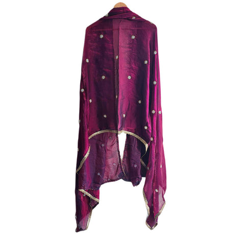 Fendi Fabric Dupatta with Bead Floral Work, Gota Lace Border Purple
